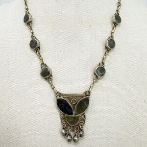 Afghan Kuchi Necklace Unique Tribal‎ Ethnic Dangle Bells Green Stone Silver Tone